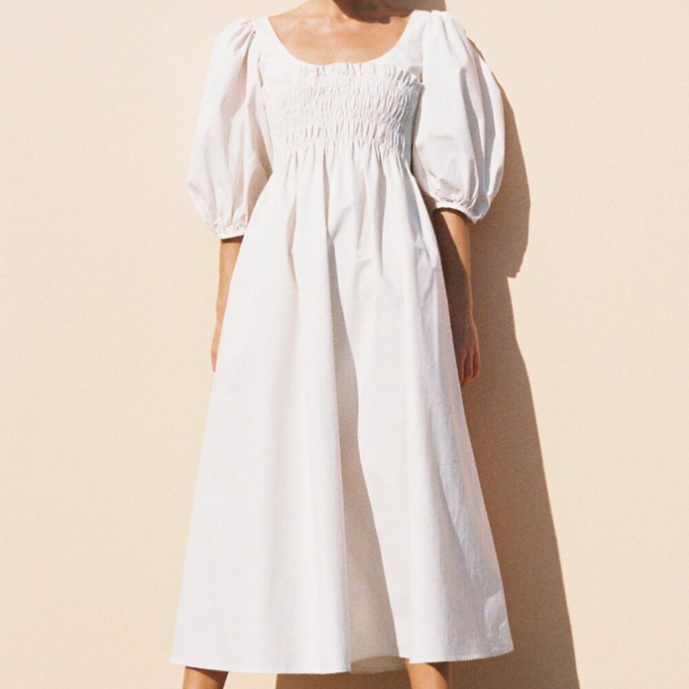 Ciao Lucia White Smocked Midi Dress with Puff Sleeves